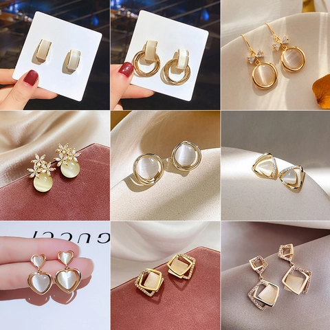 Cat Eye Stein Ohrringe Mit Silbernem Ohrstecker Legierung Strass Blume Herz Geometrisch Hängend Elegant Damen
