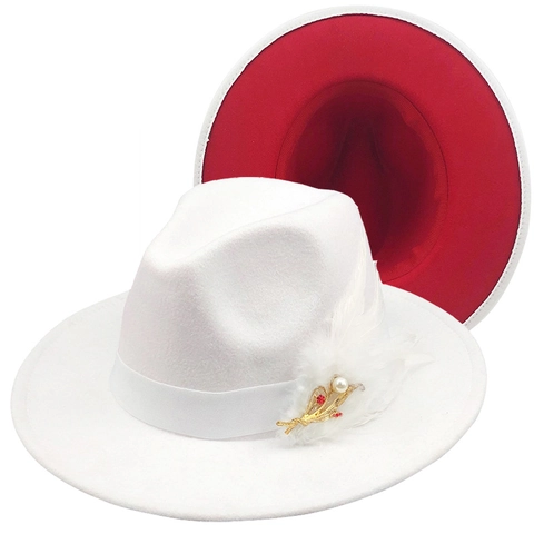 Witte Wollen Vilt Fedora Hoed Met Veer Kunstparel Broche Rode Onderkant Brede Rand Jazz Hoed Voor Dames Heren