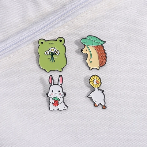 Cute Cartoon Animal Enamel Pin Zinc Alloy Frog Hedgehog Rabbit Goose Brooch Badge For Clothing Bag Accessories Decoration