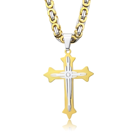 Collana Con Ciondolo A Croce Acciaio Al Titanio Zircone Catena Bizantina Punk Hip Hop Gioielli Per Uomo