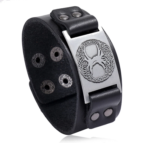 Klassisches Breites Lederarmband Für Herren Aus Rindsleder Und Legierung Mit Geprägtem Lebensbaum Punk Geflochten