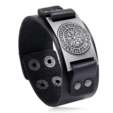 Bracciale In Pelle Bussola Vichinga Vintage Runica Mitologia Norrena Polsino Largo Lega Bottone A Pressione Gioielli Uomo