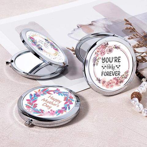 Round Metal Compact Mirror Folding Double Sided Portable Pocket Makeup Tool Floral Mother Day Gift For Wife Birthday