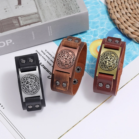 Men Viking Tree Of Life Leather Bracelet Retro Nordic Celtic Knot Pentagram Adjustable Wide Cuff Wristband Punk Jewelry