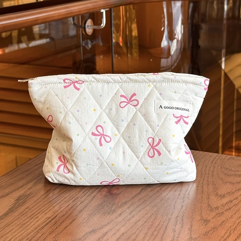 Quilted Cotton Makeup Bag Zipper Cosmetic Pouch Travel Toiletry Organizer Cute Bow Polka Dot For Women