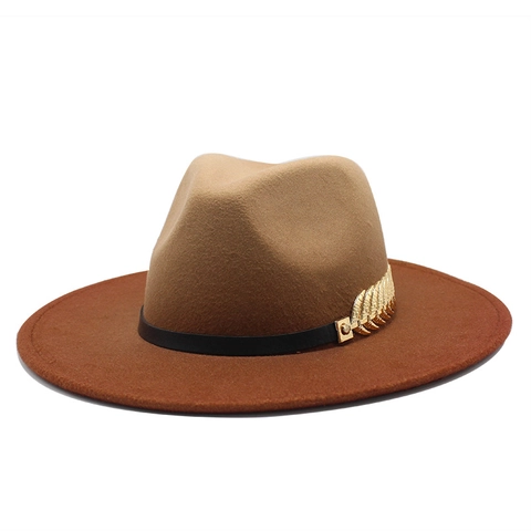 Ombre Wollfilz Fedora Hut Breite Flache Krempe Jazz Kappe Mit Metall Blatt Deko Band Für Herren Und Damen