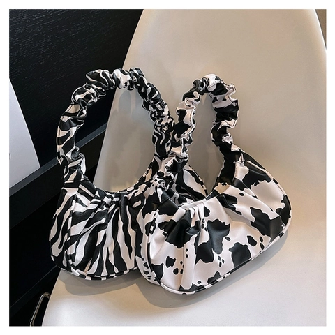 Bolso De Hombro Ruched Underarm Mujer Cuero PU Y Tela Retro Estampado Animal Leopardo Cebra Vaca Floral Dumpling Cloud Bag