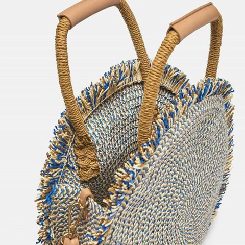 Round Straw Woven Crossbody Bag With Tassels PU Leather Strap Paper Summer Beach Boho Shoulder Bag For Women