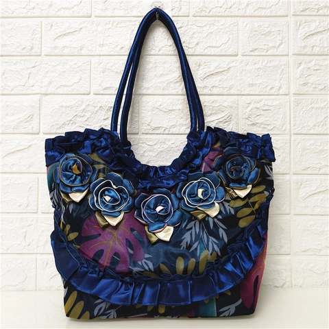 Damen Große Kapazität Einkaufstasche Satinstoff Mit 3D Bandrosen Und Rüschen Blumendruck Retro Stil Umhängetasche