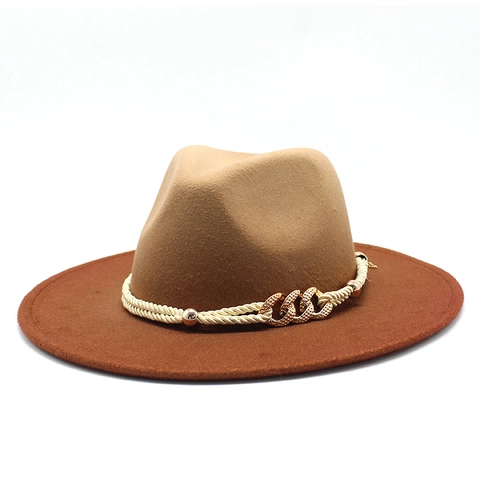 Zweifarbiger Gradient Wollfilz Fedora Hut Breitkrempiger Jazz Hut Mit Geflochtenem Seil Und Metallkette Für Herren Damen