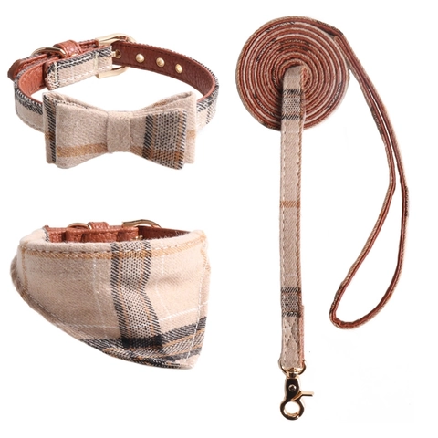 British Style Plaid Floral Pet Collar Leash Bandana Bowtie PU Leather Fabric For Small Medium Dogs Cats Adjustable Walking