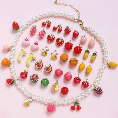 Mini Fruit Charms Pendants For DIY Jewelry Making Gold Plated Alloy Enamel Strawberry Cherry Banana For Earrings Necklaces Cute