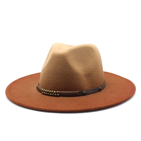 Gradient Fedora Hat Woolen Felt Wide Brim With Rivet Belt Retro Western Jazz Hat For Women Men