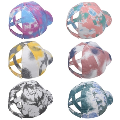 Tie Dye Cotton Criss Cross Ponytail Baseball Cap Adjustable Mesh Sun Hat For Women Casual Sporty Outdoor