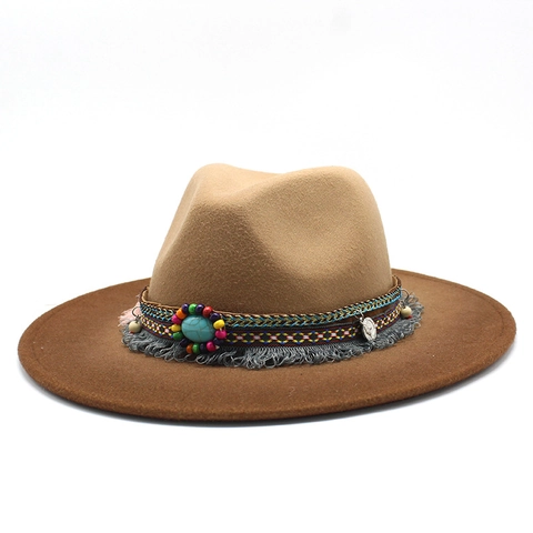 Fedora Hut Wollfilz Breite Krempe Farbverlauf Ethno Band Türkis Quaste Retro Boho Stil Für Damen Herren