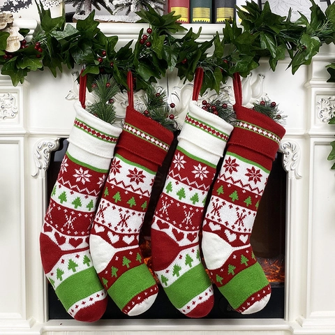Calza Di Natale In Maglia Motivo Fiocco Di Neve Albero Cuore Grande Sacchetto Regalo Decorazione Camino Ornamento Da Appendere