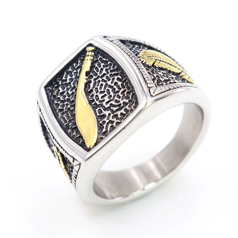 Men Stainless Steel Punk Ring Retro Square Scimitar Gold Feather Two Tone Gothic Jewelry Accessory