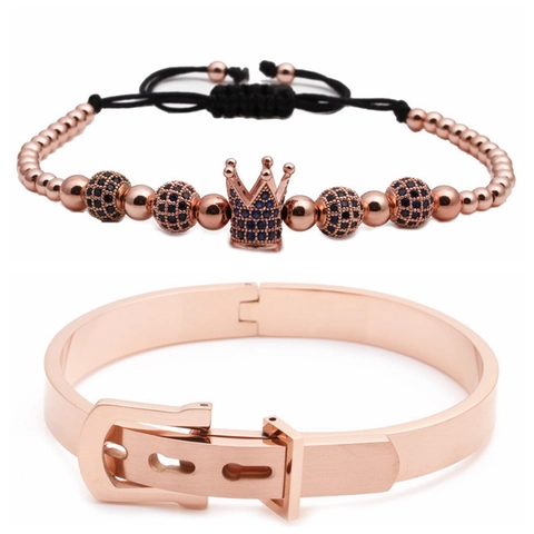 Krone Micro Pave Zirkon Geflochtenes Verstellbares Armband Und Edelstahl Gürtelschnalle Armreif Schmuck Hip Hop