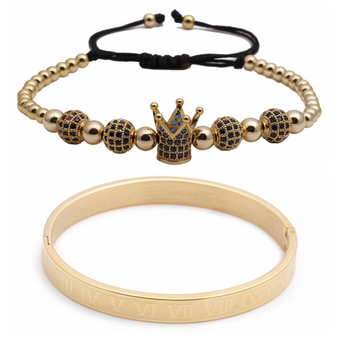 Herren Luxus Edelstahl Kupfer Römische Ziffern Armreif Und Verstellbares Zirkonia Krone Perlenarmband Schmuck Gold Silber Schwarz