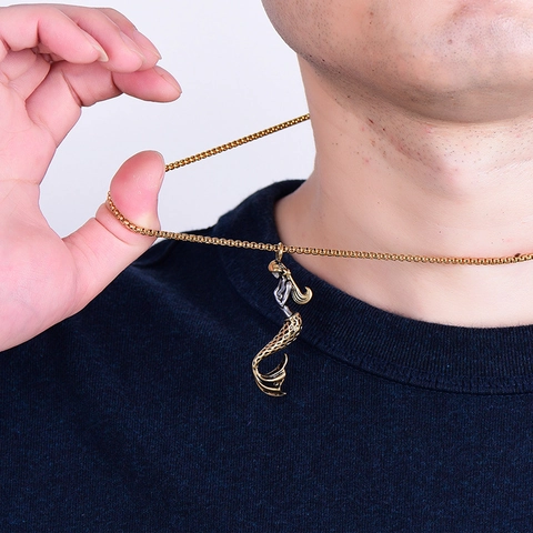 Retro Mermaid Pendant Necklace Titanium Stainless Steel Two Tone Gold Box Chain Fashion Jewelry For Men Women