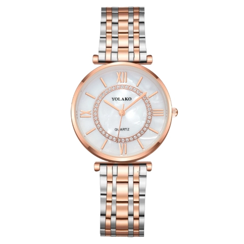 Orologio Al Quarzo Elegante Da Donna Cinturino In Metallo Quadrante In Madreperla Lunetta Con Strass Numeri Romani