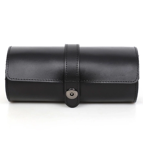 Vintage Crazy Horse Leather Watch Storage Box Roll Case Genuine Cowhide Round Travel Display Organizer Snap Closure Brown