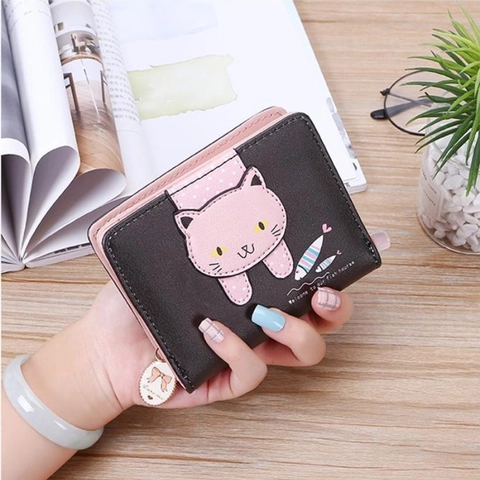 Simpatico Gatto Cartone Animato Stampato Donne Portafoglio Corto Pelle PU Bifold Cerniera Portamonete Con Pendente A Cuore
