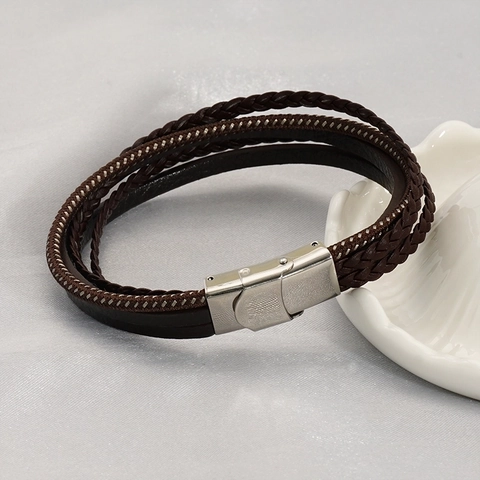 Men Multi-layer Braided Leather Bracelet With Stainless Steel Magnetic Clasp Punk Vintage Style Trendy Wristband