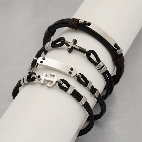 Bracciale In Pelle Intrecciata Da Uomo Con Ancora E Croce In Acciaio Inossidabile Stile Nautico Religioso Gioielli