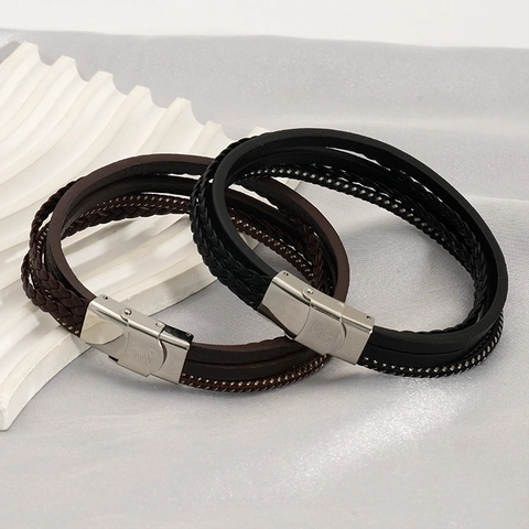 Men Multi-layer Braided Leather Bracelet With Stainless Steel Magnetic Clasp Punk Vintage Style Trendy Wristband