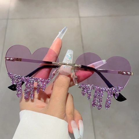 Heart Shaped Rimless Sunglasses With Rhinestone Drip Design Metal Frame Y2K Trendy Eyewear For Women