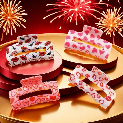 Large Hair Claw Clips Heart Lips Print Plastic Square Shark Hair Clamps For Women Sweet Valentine Day Accessories