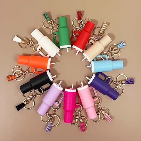 Mini Tumbler Cup Keychain With Tassel Plastic Silicone Water Bottle Shape Pendant Key Ring Charm For Bags Purse