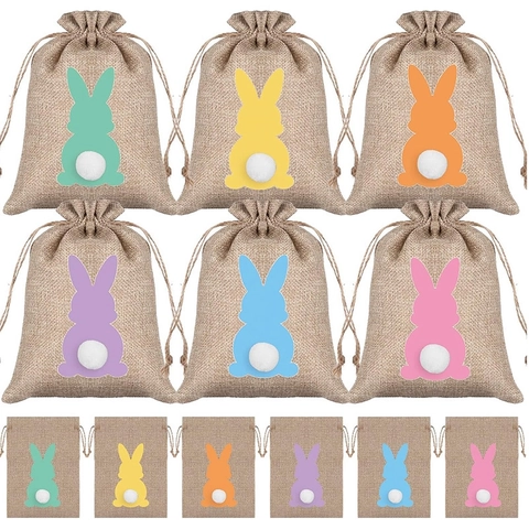 Easter Bunny Gift Bags Burlap Linen Drawstring Pouches With 3D Plush Tail For Candy Treat Party Favor Wrap