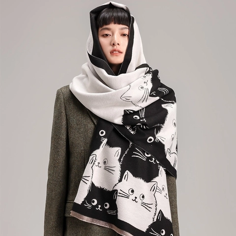 Süßer Cartoon Katze Muster Schal Für Damen Verdickt Warm Kaschmir Imitat Pashmina Winter Schultertuch Mit Quasten Wrap