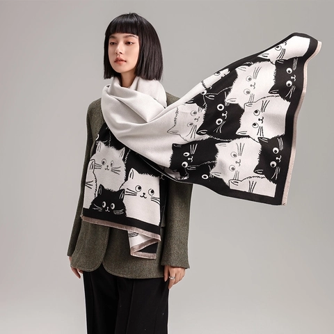 Süßer Cartoon Katze Muster Schal Für Damen Verdickt Warm Kaschmir Imitat Pashmina Winter Schultertuch Mit Quasten Wrap