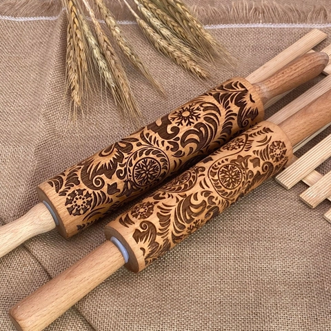 Christmas Embossed Wood Rolling Pin Engraved Flower Vine Pattern For Baking Cookies DIY Handcrafted Kitchen Tool