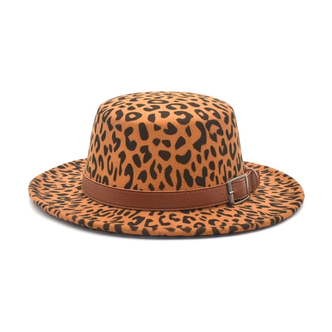 Vintage Luipaardprint Flat Top Fedora Hoed Wolvilt Brede Rand Boater Hoed Met Leren Band Metalen Gesp Voor Dames Heren