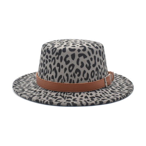 Vintage Luipaardprint Flat Top Fedora Hoed Wolvilt Brede Rand Boater Hoed Met Leren Band Metalen Gesp Voor Dames Heren