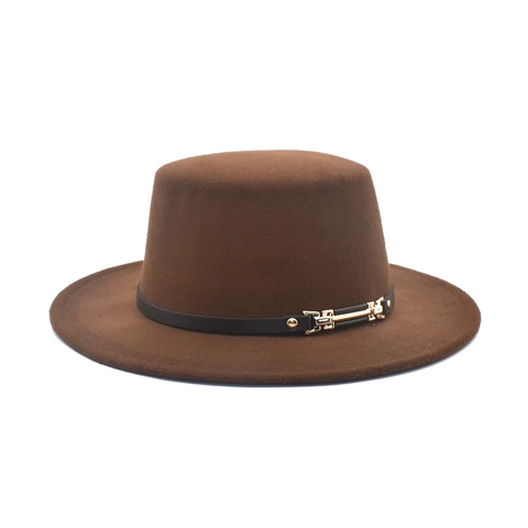 Flachkopf Breitkrempiger Boater Hut Wollfilz Britischer Stil Retro Jazz Fedora Für Herren Damen Mit Goldener Schnalle