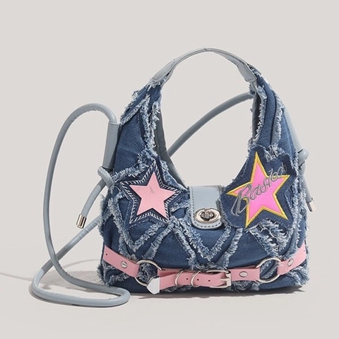 Borsa A Spalla In Denim Da Donna Con Toppe A Stella Rosa Bordi Sfrangiati Stile Y2K Tracolla Retro Chic