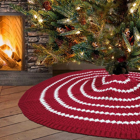 Gonna Per Albero Di Natale In Maglia Acrilica Rosso Bianco Motivo A Onde Decorazione Festiva Fiocchi