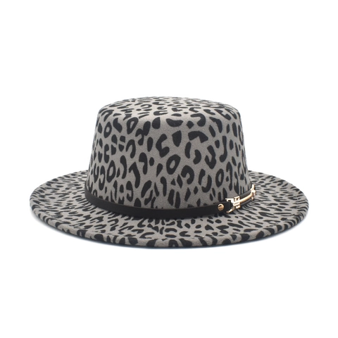 Cappello Boater Con Stampa Leopardata In Feltro Di Lana Vintage Tesa Larga Cupola Piatta Stile Jazz Per Donna
