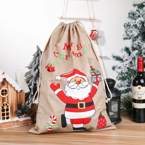Christmas Burlap Gift Bag Santa Claus Printed Large Drawstring Sack For Candy Treats Party Favors Festive Decoration