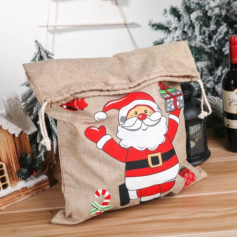 Christmas Burlap Gift Bag Santa Claus Printed Large Drawstring Sack For Candy Treats Party Favors Festive Decoration