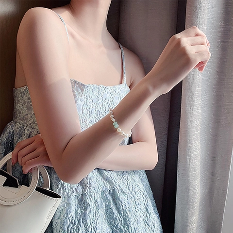 Pulsera De Perlas De Agua Dulce Barrocas Con Piedra Verde Y Colgante De Corazón Chapado En Oro Vintage Para Mujer