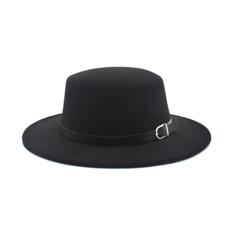 Wollen Vilt Boater Hoed Platte Kroon Brede Rand Met Leren Riem Gesp Mode Jazz Fedora Voor Heren Dames