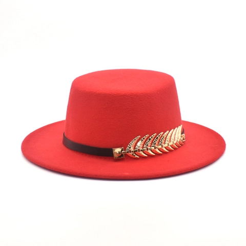 Flat Top Boater Hat Woolen Felt Wide Brim Jazz Fedora With Gold Leaf Accessory Vintage Elegant Style For Men Women