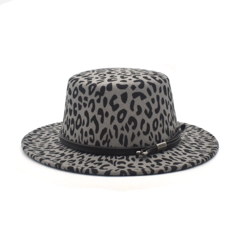 Wollener Boater Hut Mit Leopardenmuster Breiter Krempe Fedora Jazz Cap Lederband Metallschnalle Mode Retro Damen Herren