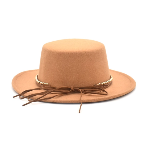 Cappello Boater In Feltro Di Lana Tesa Larga Cima Piatta Stile Jazz Vintage Per Donna Con Perline Metalliche